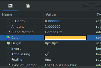 Screenshot of the Synfig interface, showing the parameters of a selected spline. The "Color" parameter is highlighted.