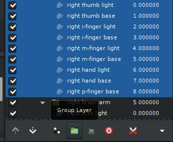 Screenshot of Synfig interface, showing multiple layers selected and the cursor rolled over the "Group Layer" button in the layer section.