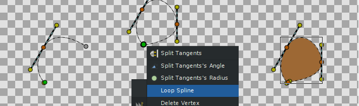 Screenshots from Synfig Studio showing a partly-drawn spline, a spline with the right-click dropdown opened and "loop spline" selected, and a finished, looped spline.