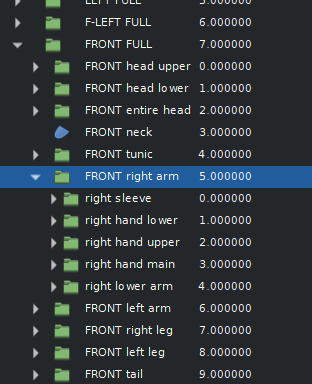 Screenshot of Synfig layer section, showing multiple group layers. One group is expanded to show additional groups. One of those groups is also expanded to show even more groups within.