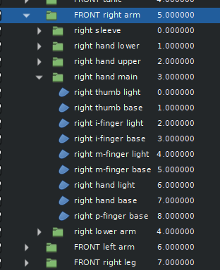 Screenshot of the Synfig Studio interface, showing several layer groups and individual layers. One group, labeled "right hand main," is expanded. This group contains layers titled right thumb light, right thumb base, right i-finger light, right i-finger base, right m-finger light, right m-finger base, right hand light, right hand base, and right p-finger base. There are no additional groups in the "right hand main" group.