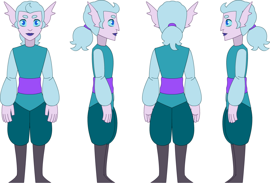 Model sheet of the undine prince Almanac from Cinnabar and Almanac: Adventures. This model sheet includes a front view, right side view, back view, and left side view.