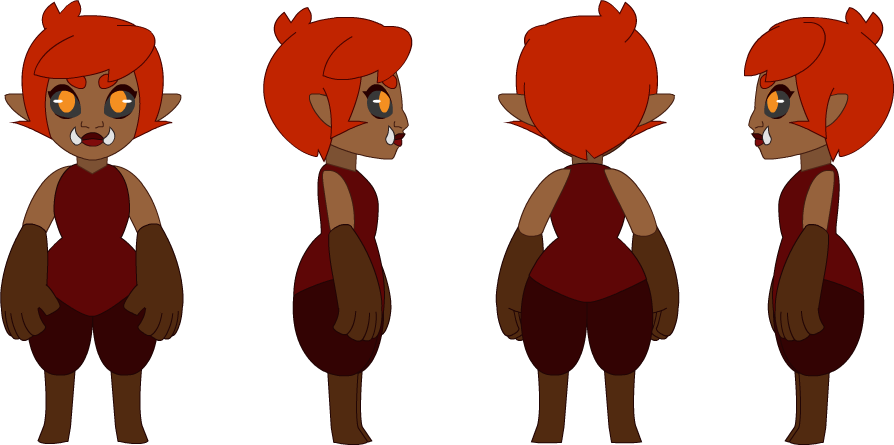 Model sheet of the gnome miner Cinnabar from Cinnabar and Almanac: Adventures. This model sheet includes a front view, right side view, back view, and left side view. 