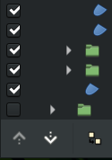 Screenshot from Synfig, showing arrow-like icons at the bottom of the layer section. The "up" arrow is the button used to raise a layer. The "down" arrow is the button to lower a layer.