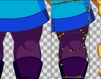 Screenshot from Synfig, showing a character's leg selected to demonstrate that it is two separate shapes overlapping each other.