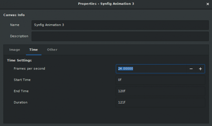 Screenshot of Synfig Studio interface, showing the "Time" tab in the Properties window.