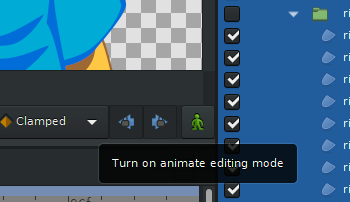 A screenshot of the Synfig Studio interface, showing the animation editing mode icon in green, with the hover text "turn on animate editing mode."