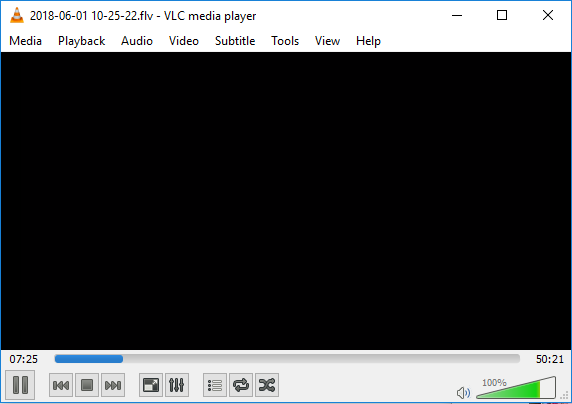 Screenshot of VLC Media Player, demonstrating a black-screen video produced in OBS Studio