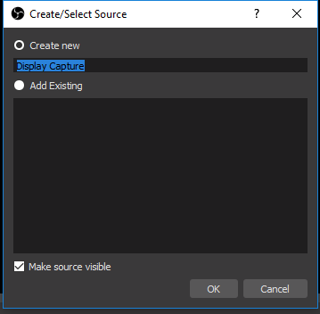 Screenshot of the OBS Studio interface, showing the option to create a new capture source.
