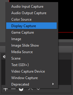 Screenshot of the OBS Studio interface, with "Display Capture" selected in the menu to choose a capture source